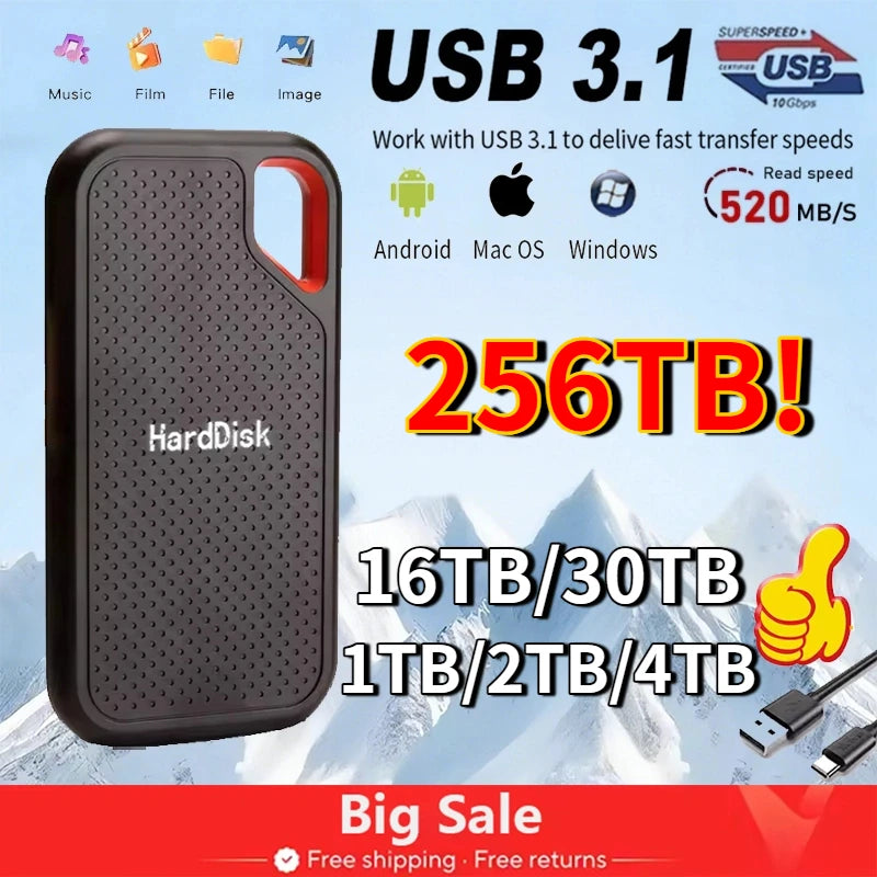 Ultra Fast 1TB Portable SSD External Hard Drive 4TB High Capacity Solid State Drive for Laptops PCs Phones and Mac
