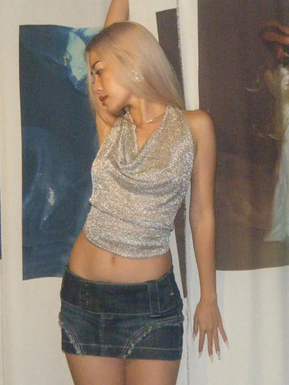 Y2K Sequin Lace Up Backless Halter Crop Top Vintage