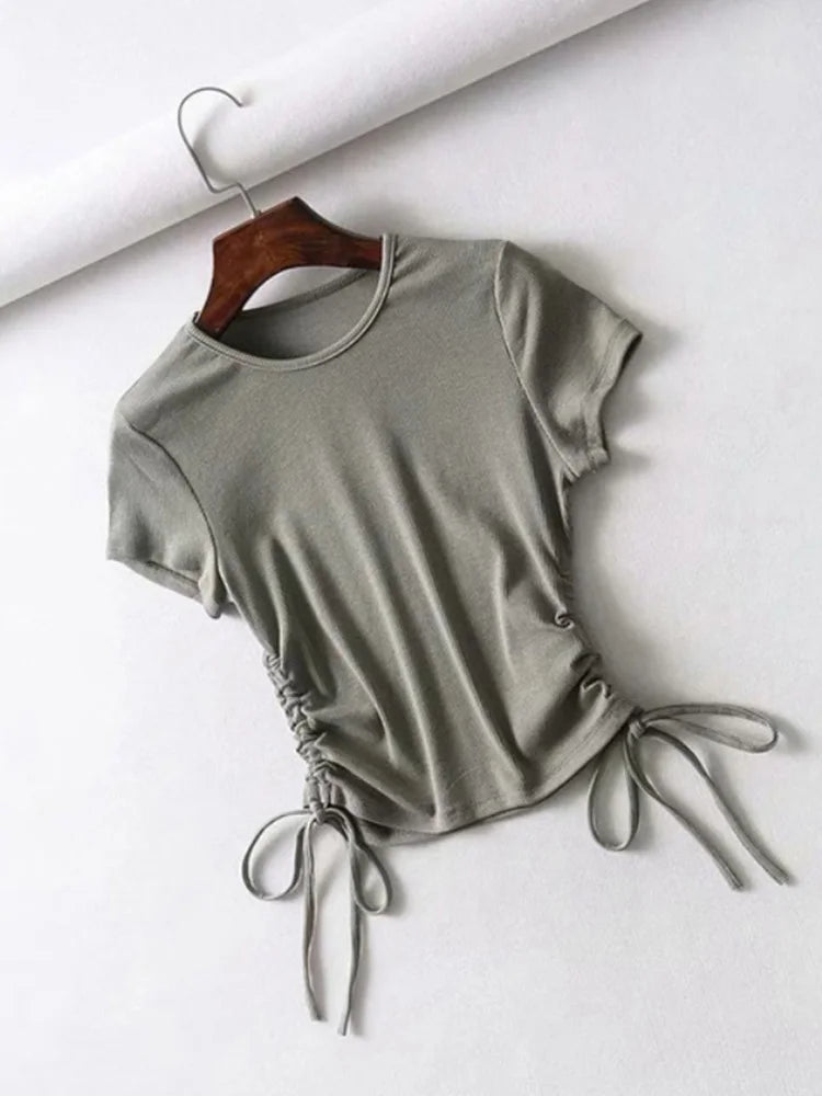 Sexy Side Drawstring Ruched Tank Knit Crop Tees Women 2024