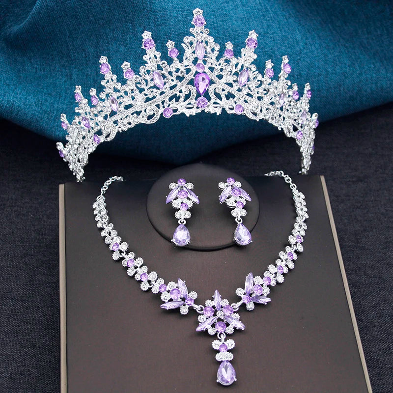 Elegant Silver Opal Blue Wedding Crown Jewelry Set for Women - Princess Tiaras, Earrings, and Necklace for Prom Gifts