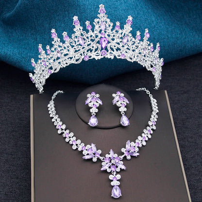 Elegant Silver Opal Blue Wedding Crown Jewelry Set for Women - Princess Tiaras, Earrings, and Necklace for Prom Gifts