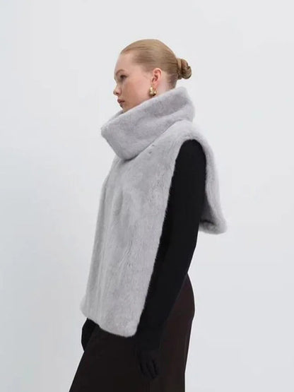 Solid Color Half Turtleneck Furry Sleeveless Patchwork Top