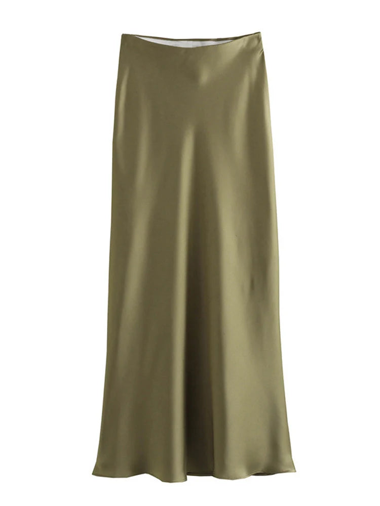 Black Satin High Waist Midi Skirt For Women Office Summer
