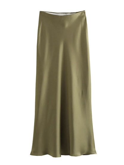 Black Satin High Waist Midi Skirt For Women Office Summer