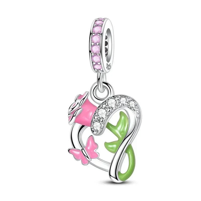 Sterling Silver Pink Blossom Dangle Charm with Butterfly Heart Flower Rose and Bird Bead for DIY Necklace and Bracelet Jewelry