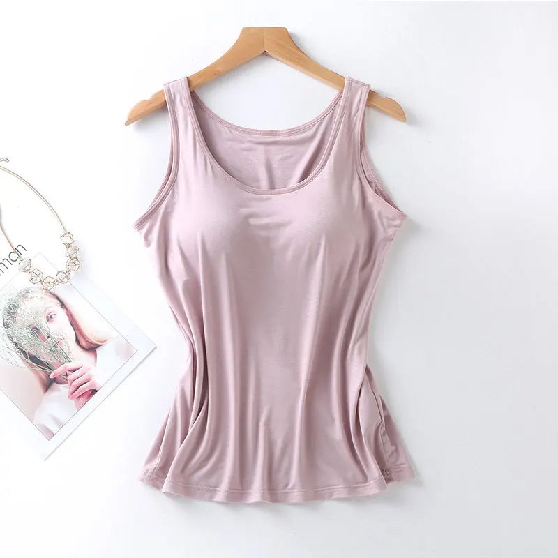 2023 Women’s Slim Fit Vest Tops with Built-In Bra Padded Neck Tank Casual Solid Color Shirts