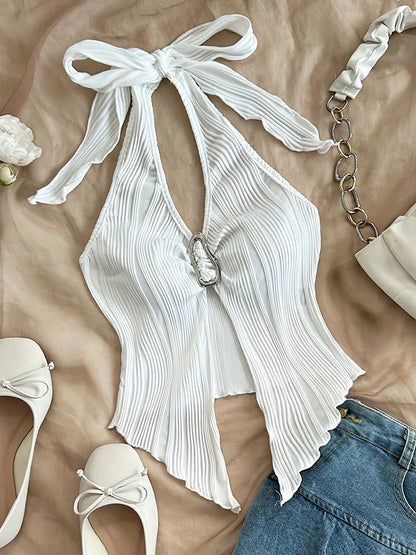Sexy V Neck Halter Crop Top Women Sleeveless Backless Y2K