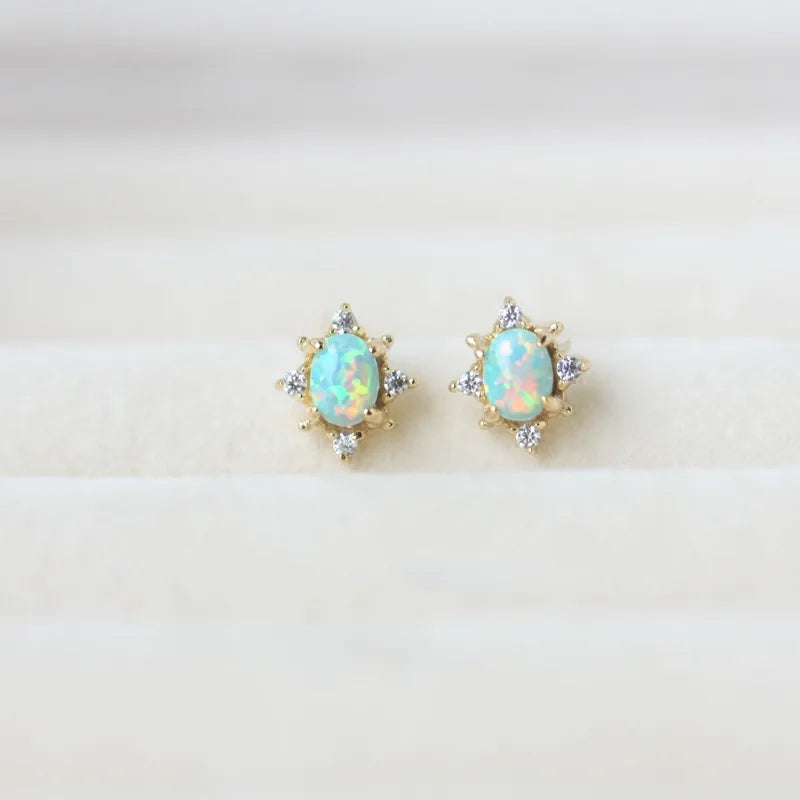 Vintage 925 Sterling Silver Opal Stud Earrings for Women Birthday Party Gift