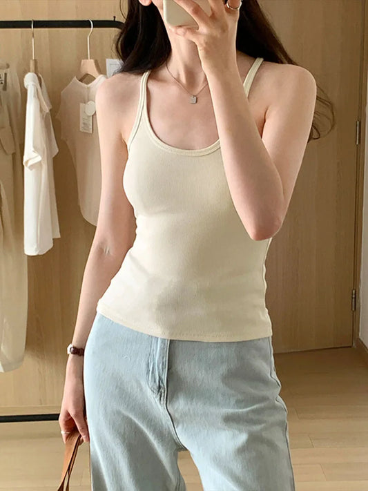 Summer Solid Slim Knit Tank Top For Women Casual Cotton