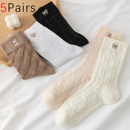 Kawaii Japanese Embroidered Cotton Mid Calf Socks 5 Pairs
