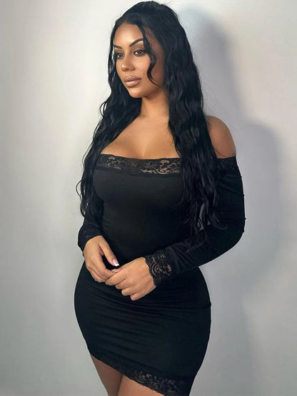 Womens Off Shoulder Lace Bodycon Mini Dress Long Sleeves