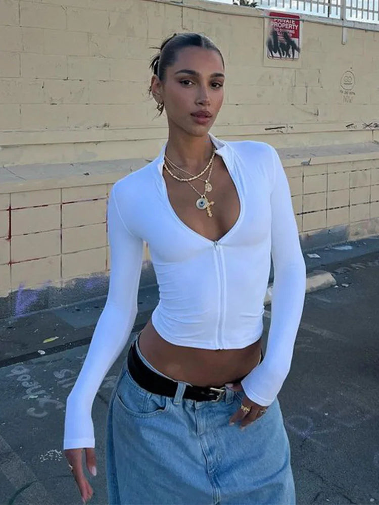 Long sleeved semi high neck zipper cardigan short style tight fitting spicy girl style fashionable crop top T-shirt