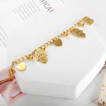 Trendy Gold Plated Stainless Steel Palm Heart Bracelet for Women with Cuban Link Chain and Round Ball Design