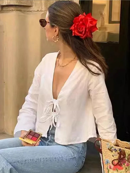 Summer White Lace Up Blouse Women V Neck Long Sleeve