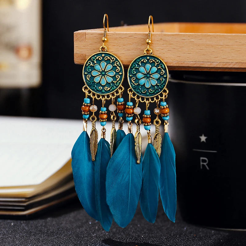 Bohemian Long Feather Drop Earrings with Tassel Beads and Enamel Flowers for Women