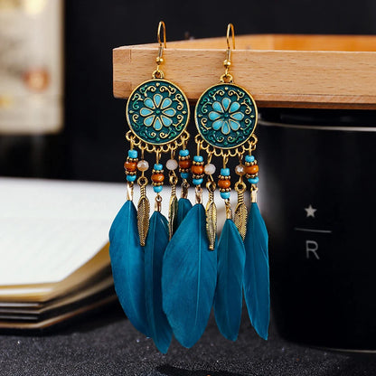 Bohemian Long Feather Drop Earrings with Tassel Beads and Enamel Flowers for Women