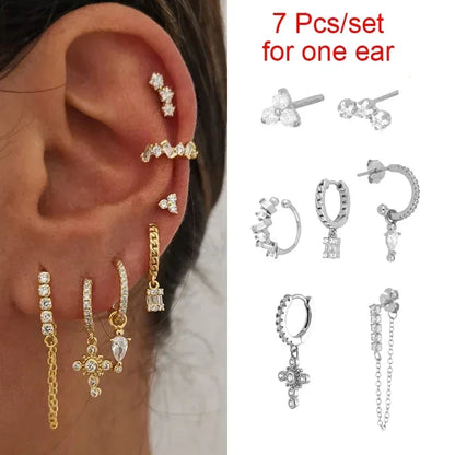 Crmya Gold Plated Women's Earrings Set with Vintage CZ Zircon Drop and Stud Hoops