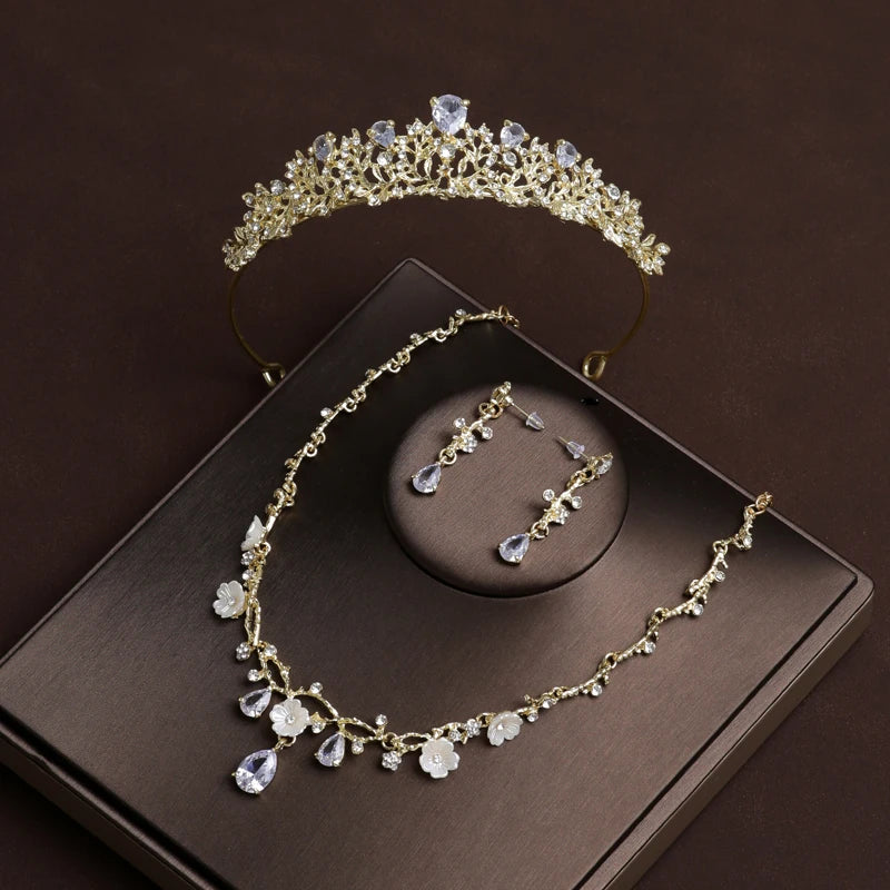 Itacazzo Gold Bridal Headwear Set with Crown, Necklace, and Earrings for Women