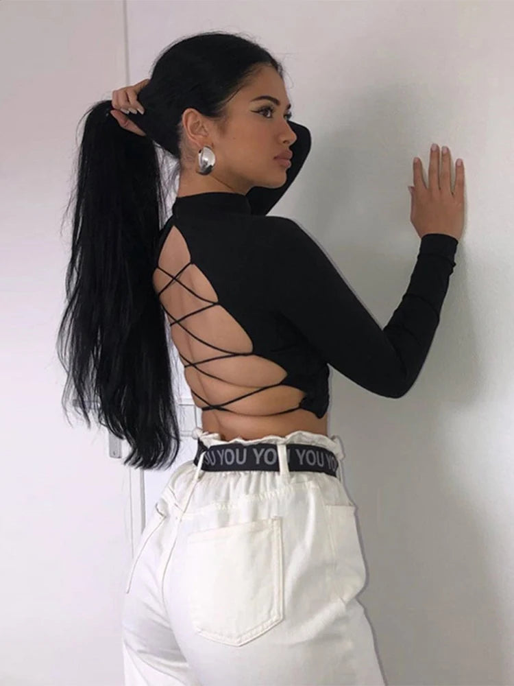Womon Backless Hollow Out Top Women Sexy Slim Bodycon Tee