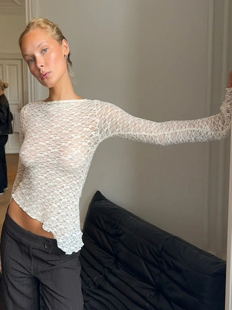 2025 Spring Summer Women Lace Slant Hem Long Sleeve Top