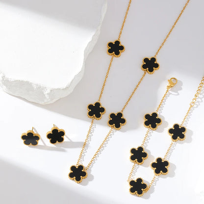 Ganemly 316L Stainless Steel Four Color Five Leaf Clover Flower Jewelry Set for Women