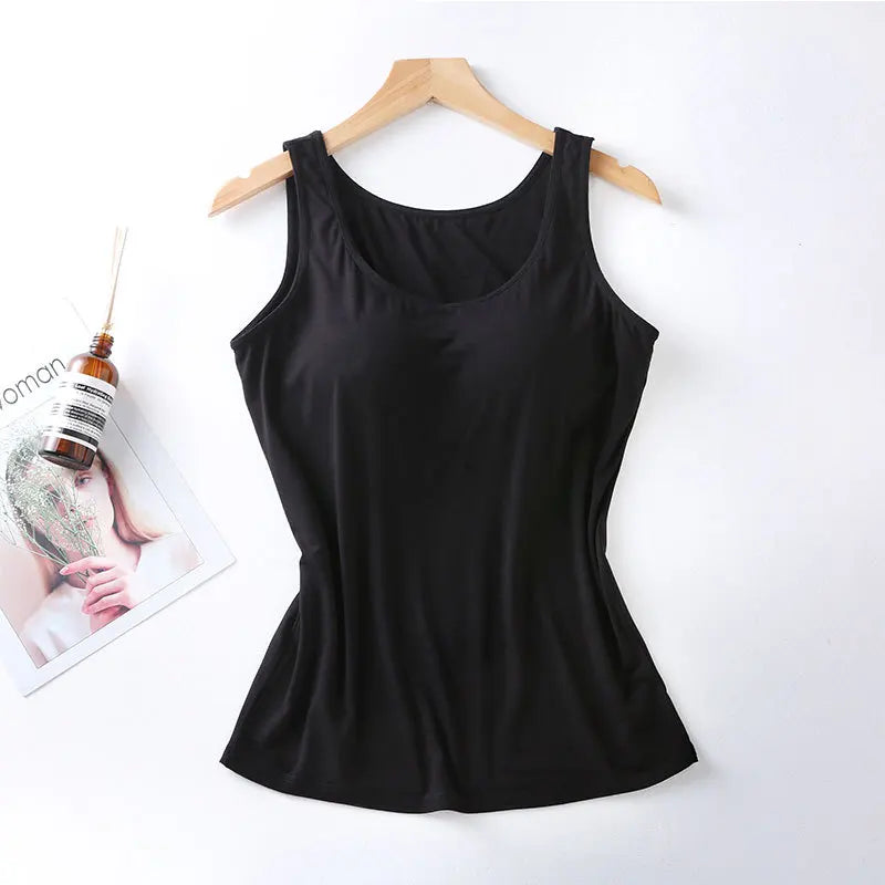 2023 Women’s Slim Fit Vest Tops with Built-In Bra Padded Neck Tank Casual Solid Color Shirts