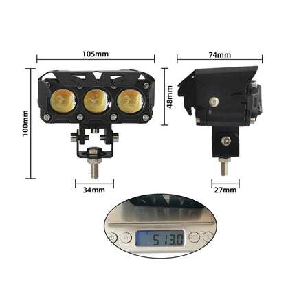 Motorcycle LED Spotlight 3 Lens Dual Color High Low Beam