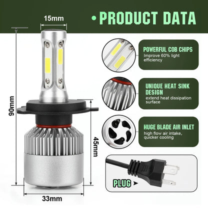 2pcs Ultra-Bright H7 H4 Led Car Headlights 150W 24000Lm 6000K 5202
