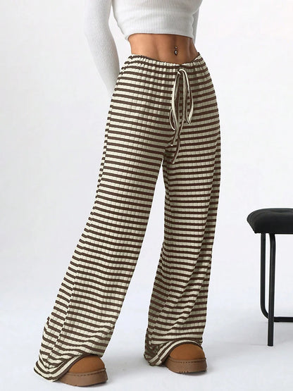 Y2K Striped Printed Long Pants Women Lace Up Straight Leg