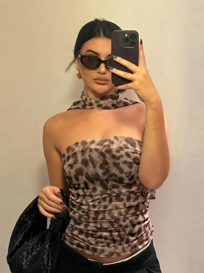 Dozw Leopard Print Crop Top Ruched Corset Backless Women