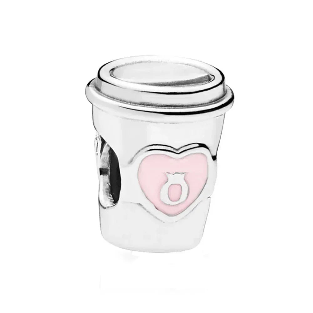 925 Sterling Silver Pink Flower Balloon Coffee Cup Charm Beads for DIY Bracelets Perfect Gift for Women AMC0240