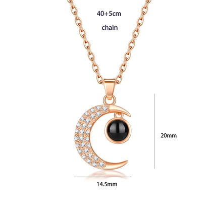 100 Languages I Love You Heart Pendant Necklace Romantic Projection Jewelry Gift for Women Moon Round Rose 40cm plus 5cm