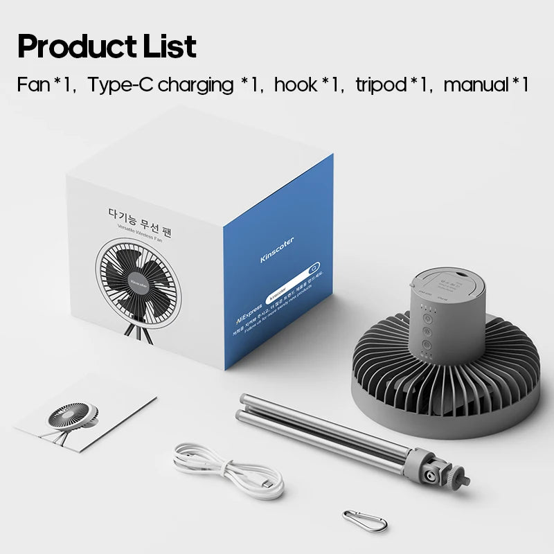 Rechargeable Portable Camping Fan with 10000mAh Power Bank and LED Light