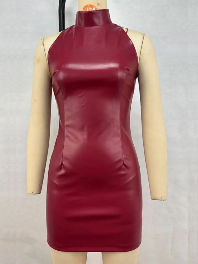 Sexy Burgundy Leather Mini Dress For Women Slim Turtleneck