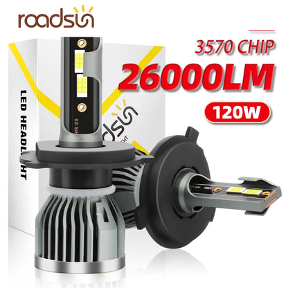Roadsun 120W 26000LM 6000K LED Headlight Bulbs with Advanced Hollow Carved Heat Sink IP68 Waterproof for Universal 12V Cars