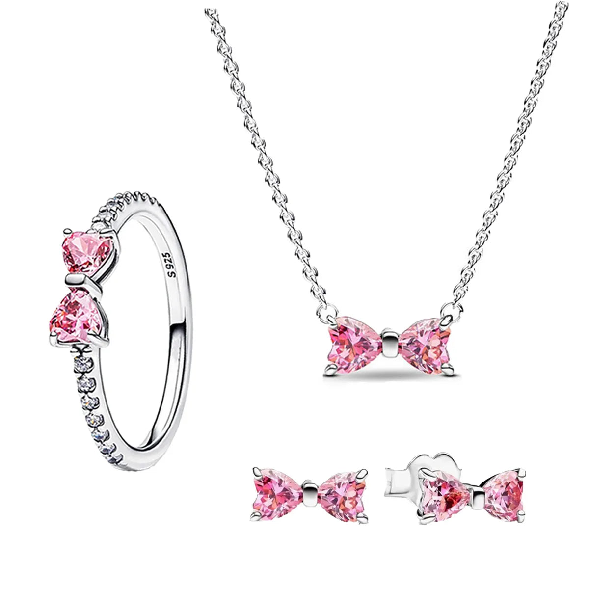 Original 925 Sterling Silver Pink Zircon Bow Jewelry Set Including Ring Earrings Bracelet and Necklace Fine Gift for Women