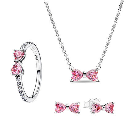 Original 925 Sterling Silver Pink Zircon Bow Jewelry Set Including Ring Earrings Bracelet and Necklace Fine Gift for Women