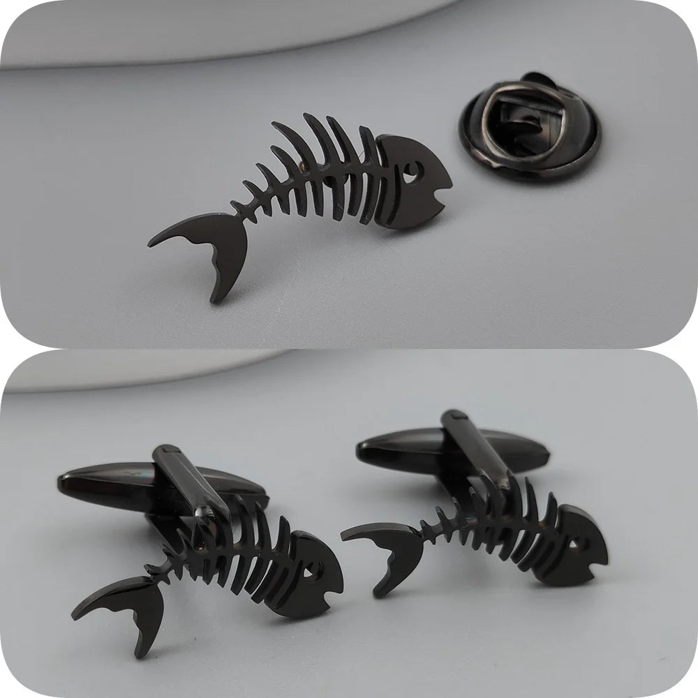 Gold-Plated Fish Bone Brooch Set for Men - Stylish Lapel Pin and Collar Accessory