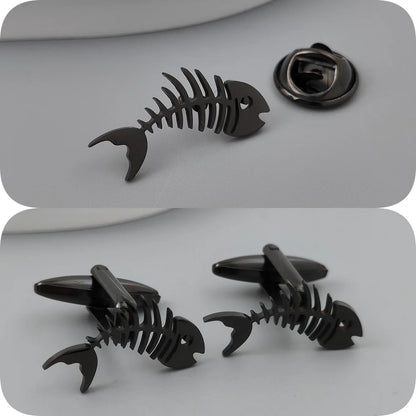 Gold-Plated Fish Bone Brooch Set for Men - Stylish Lapel Pin and Collar Accessory