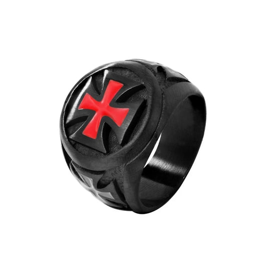 Men's Stainless Steel Black Ring with Red Armor Shield and Crusader Cross Design