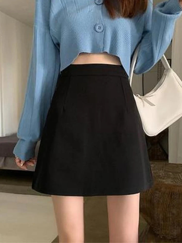 Black Mid Calf A Line High Waist Korean Skirt Women
