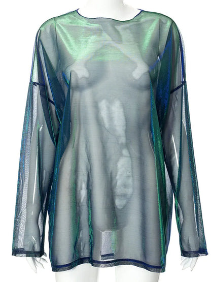 Sheer Mesh Long Sleeve O Neck Tee Y2K EGirl Sexy Loose Fit