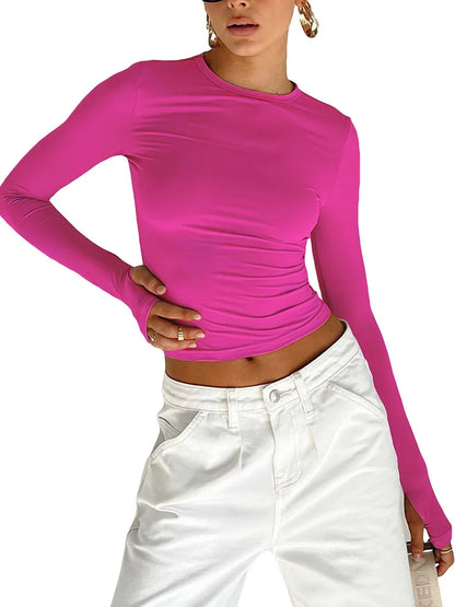 Dozw Women Long Sleeve Crew Neck Crop Top With Thumb Holes