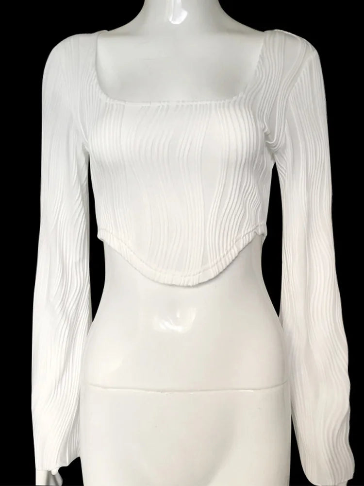 Long Sleeve Crop Top Hanky Hem With Scoop Neck For Women