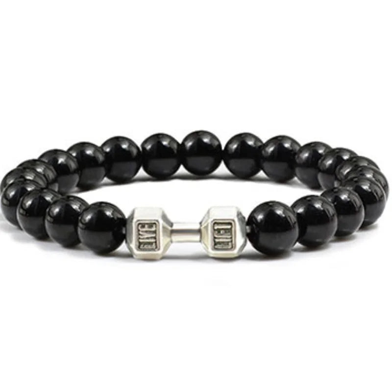 Vintage Men's Natural Stone Bead Bracelet With Dumbbell Pendant Bright Black silver