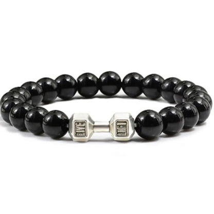 Vintage Men's Natural Stone Bead Bracelet With Dumbbell Pendant Bright Black silver