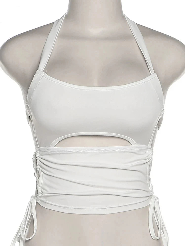 Y2K Backless White Crop Top Hollow Out Bandage Halter Tank