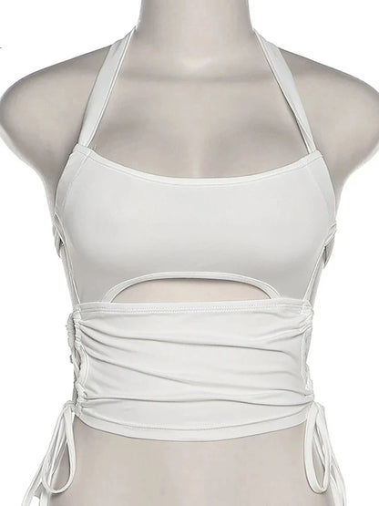 Y2K Backless White Crop Top Hollow Out Bandage Halter Tank