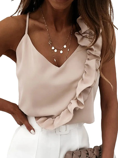 Women's Summer V Neck Ruffle Blouse Sleeveless Office Wear