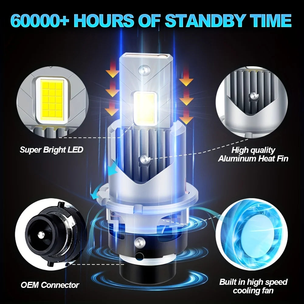 Xenon LED D2S D2R D4S D4R Bulbs 6500K White High Low Beam 3570 CSP Chip 12-24V Cooling Fan Canbus Error-Free